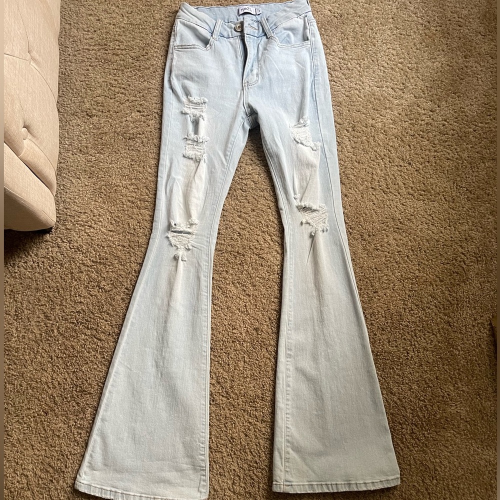RUE 21 light wash high rise flare ripped jeans
